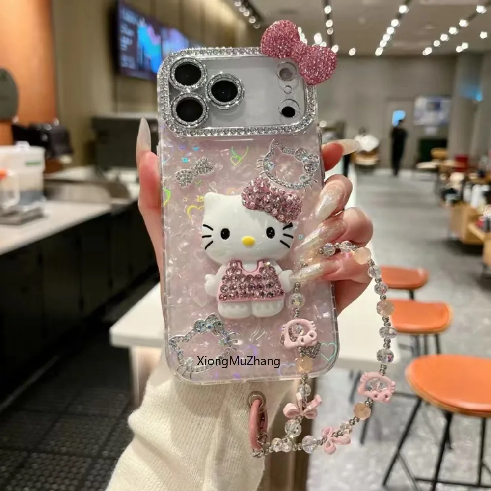 Luxuriöse 3D-Diamant-Sanrio-Hello-Kitty-Handyhülle für iPhone 17 18 Pro 11 12 13 14 15 Plus 16 Pro Max Funda mit Kette, Niedliche Hülle – Detail 2