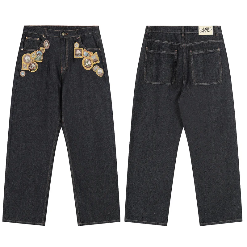 

25ss Men Women Derschutze Straight-Leg Pants Vintage Washed Black Pattern Embroidery All-Season Casual Jeans Premium Quality