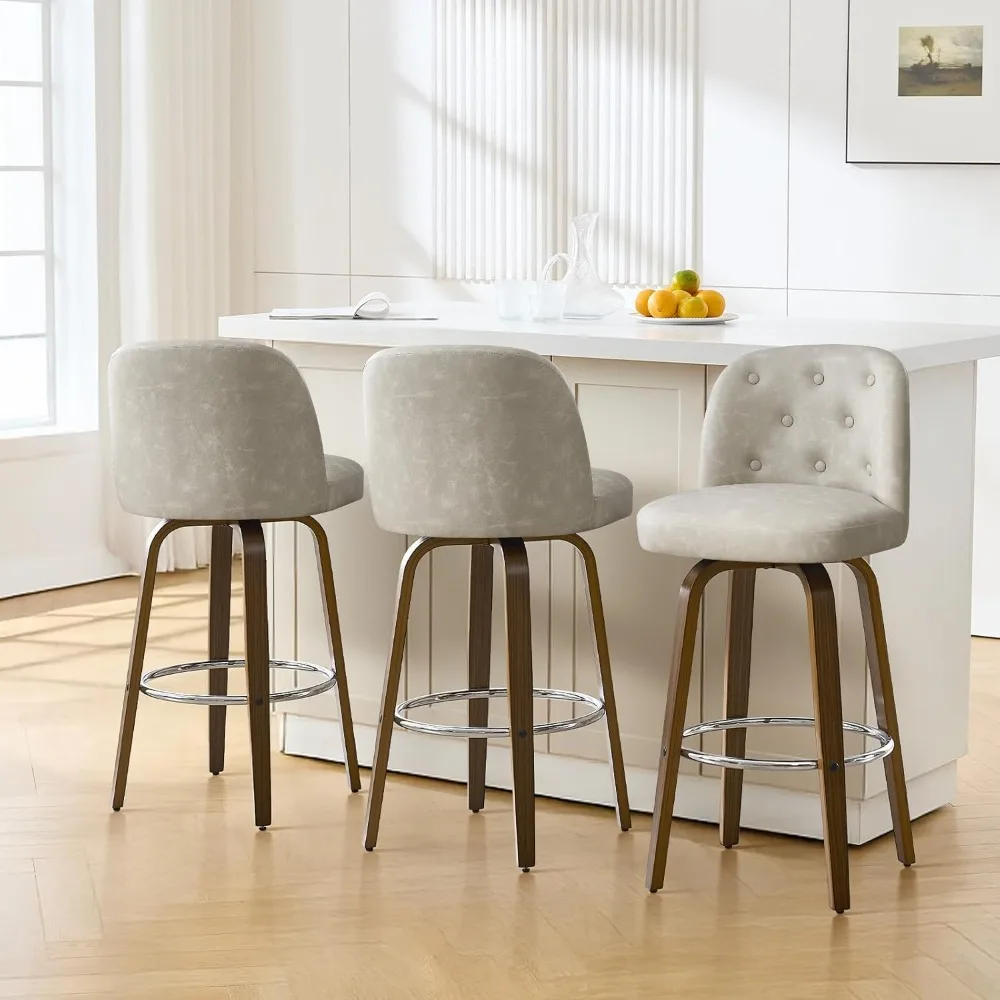 

Bar Stools Set of 3, 26"Counter Height Swivel Bar Stools with Back,Walnut Bentwood Legs, Faux Leather Upholstered Counter Stools