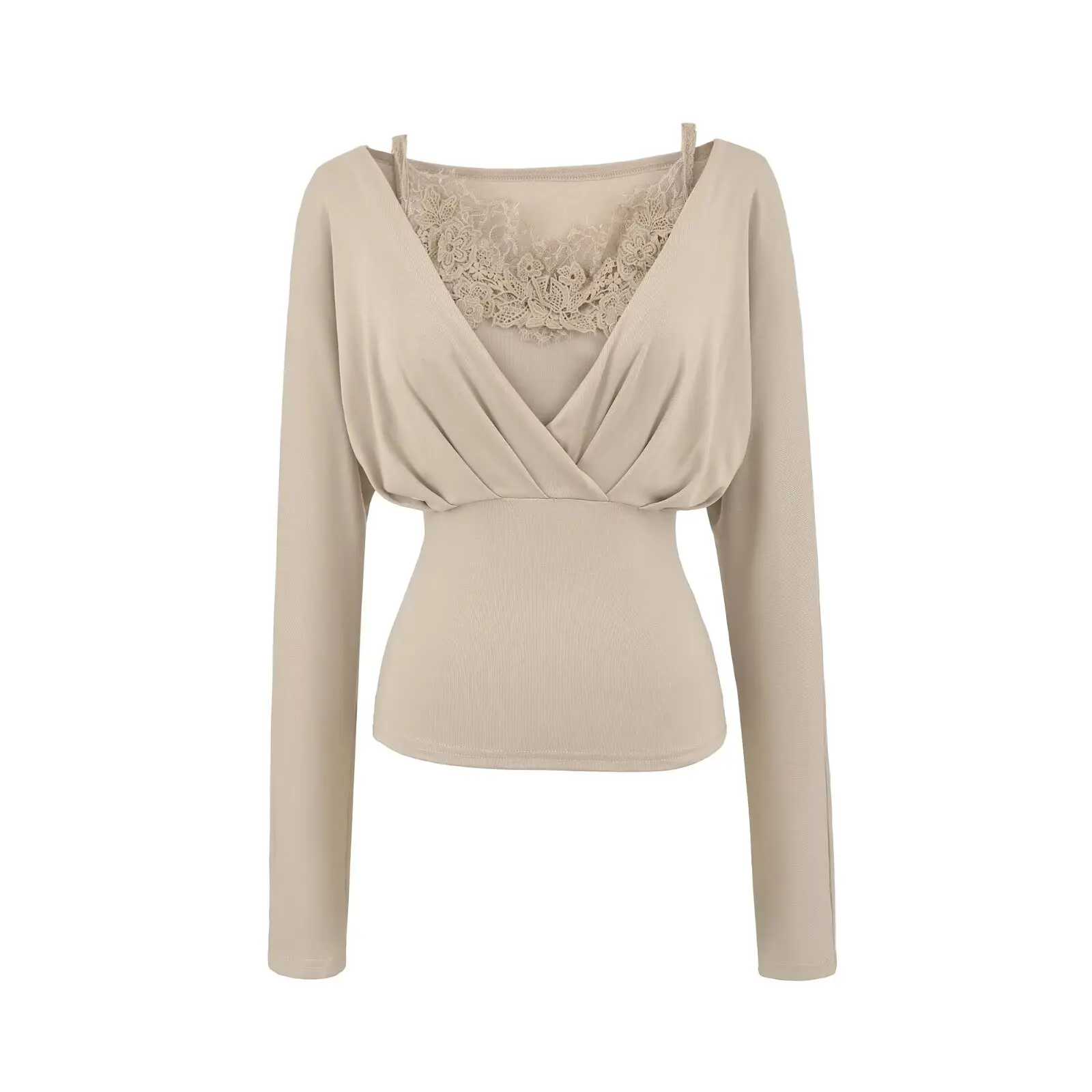 Setelan Wanita Musim Gugur Pure Desire Sle Long Sve T-irt, Atasan Vest Tali dengan Patchwork Renda, Setelan Dua Potong Desain V-Neck