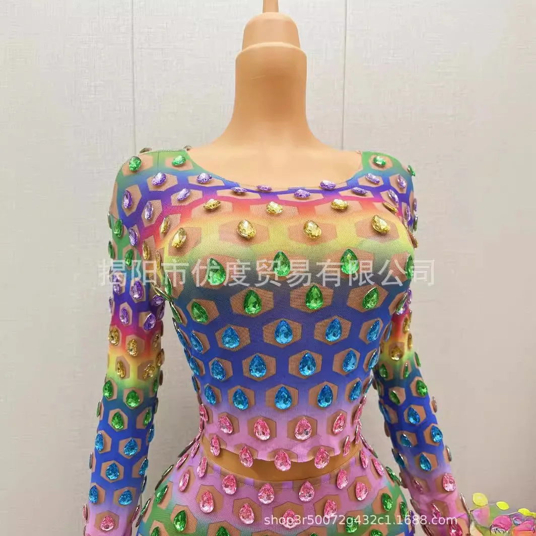 Gradual Change Fashion Two Sets Of Shining Rhinestone Female Singer Night Reception Party Trousers Performance Hollow Trousers