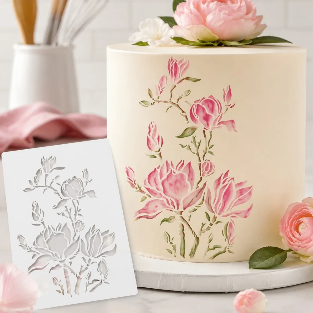 Vintage Magnolia Floral Hollow‑Out Stencil, Food‑Grade Cake Decor Template for Frosting Baking, Handmade Wall Card Craft Tool