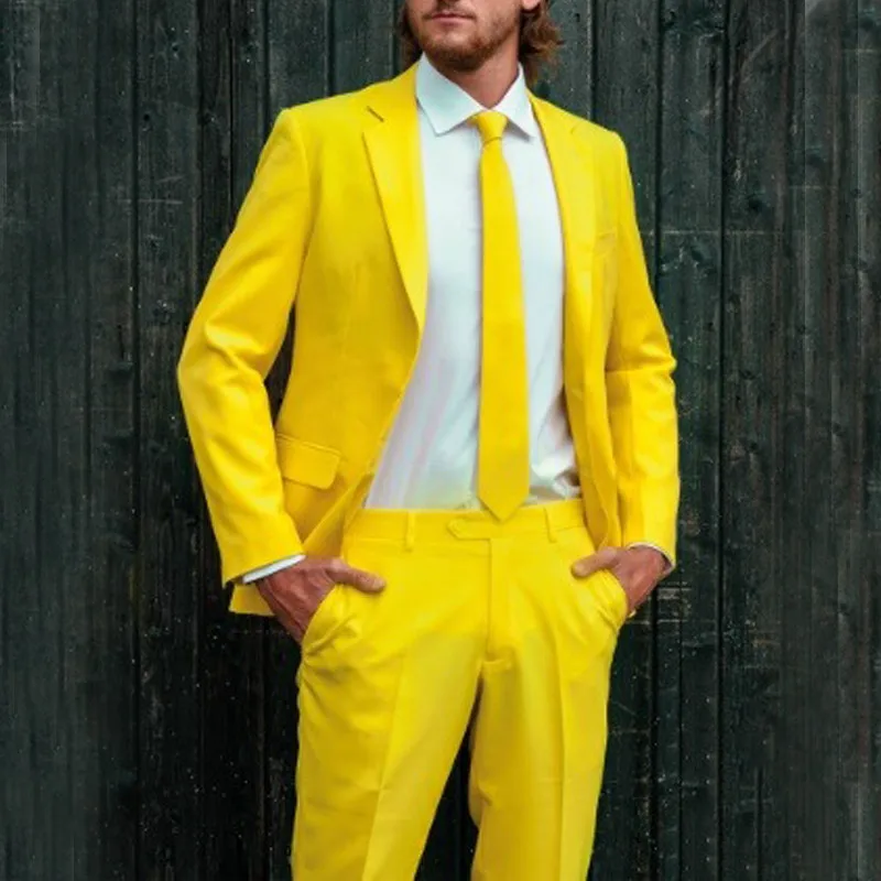 

Costume Homme Bright Yellow Wedding Men's Suits Slim Fit Mens Tuxedo Two Piece Formal Prom Party Suit Custom Made Grooms Suit