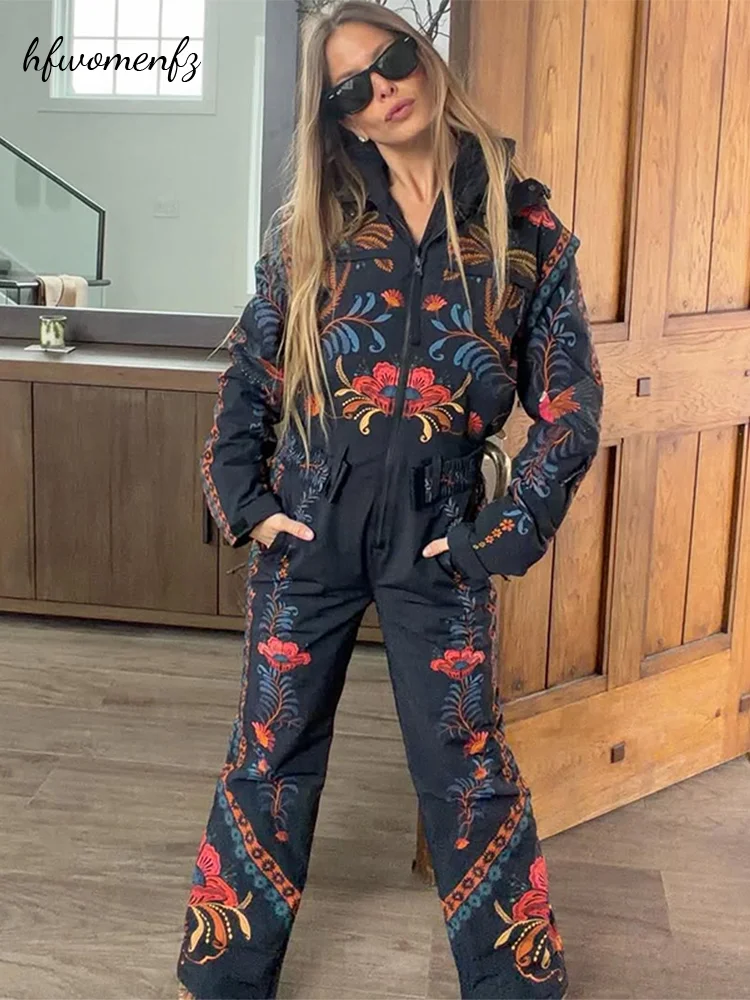 Winter Printed Women Hodded Ski Jumpsuits Full Sleeve Zippers Stand Collar Pocket Snowboard Overalls One Piece Windproof Outfits