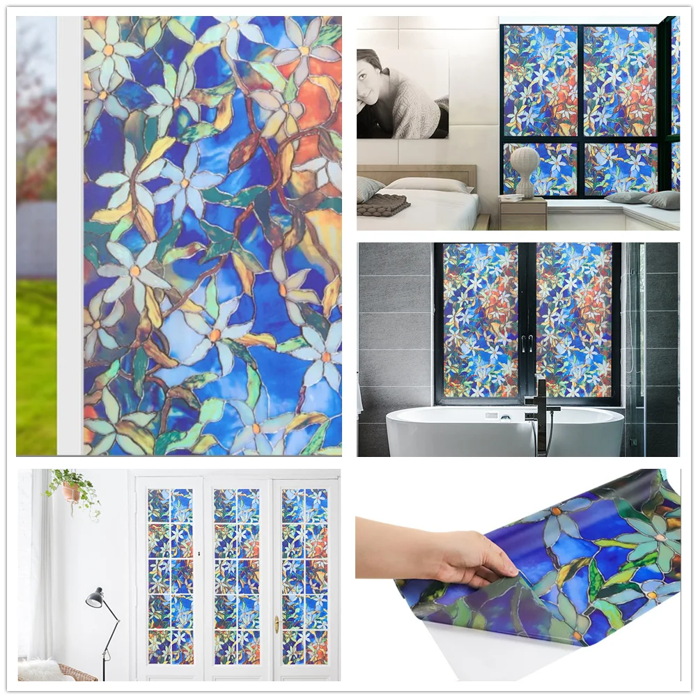 Window Privacy Film Non-Adhesive Static Cling Glass Film Decorative Stained Window Stickers Heat Blocker Heat Control for Home