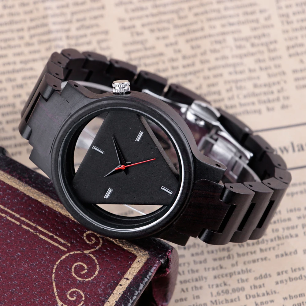 New Black Triangular Hollow Wooden Quartz Watch with Steampunk Design Fashionable and Casual Men's Accessories, Wooden Watch