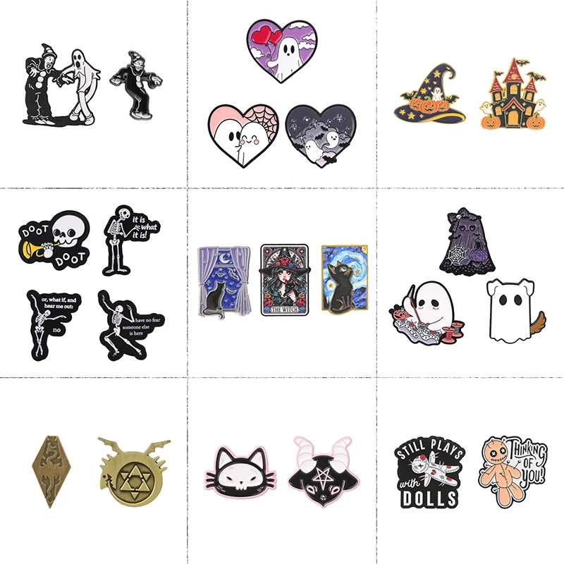 2-4pcs/set Halloween Horror Movie Clown Ghost Badge Enamel Pins Goth Voodoo Doll Witch Cat Brooch Lapel Badge Party Jewelry Gift