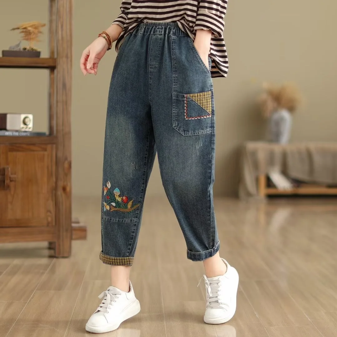 2024 Mori girls vintage elastyczna talia haft denim spodnie haremowe damskie japońskie modne luźne spodnie jeansowe harajuku