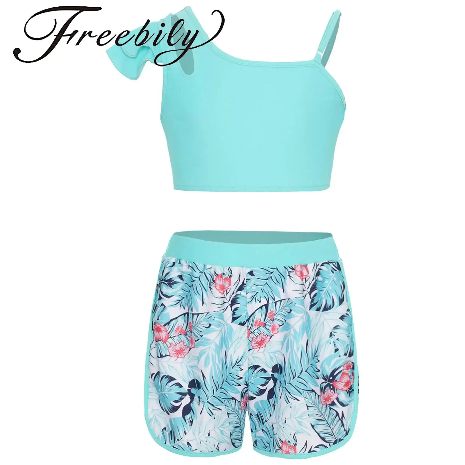 Girls Summer Tropical Print Swimsuit Tank Top Swim Tops Shorts Outfits Beach Bathing Suit Water Park Sun Bath Sports Swimwear