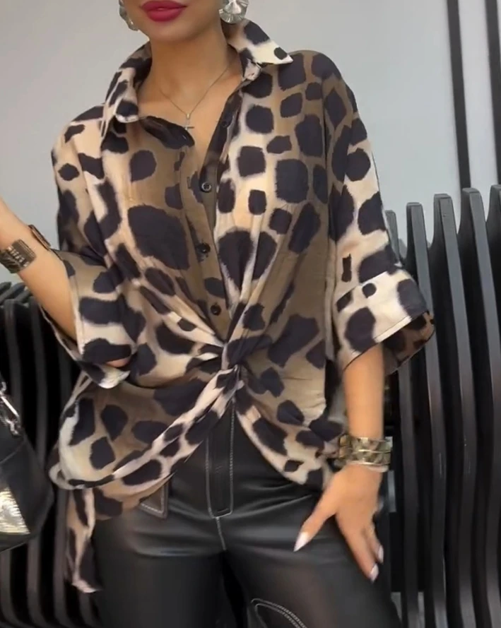 Women\'s Shirt Elegant Fashion Leopard Print Turn-down Collar Button Front Three Quarters Sleeve Shirt Loose Twisted Blouse Top