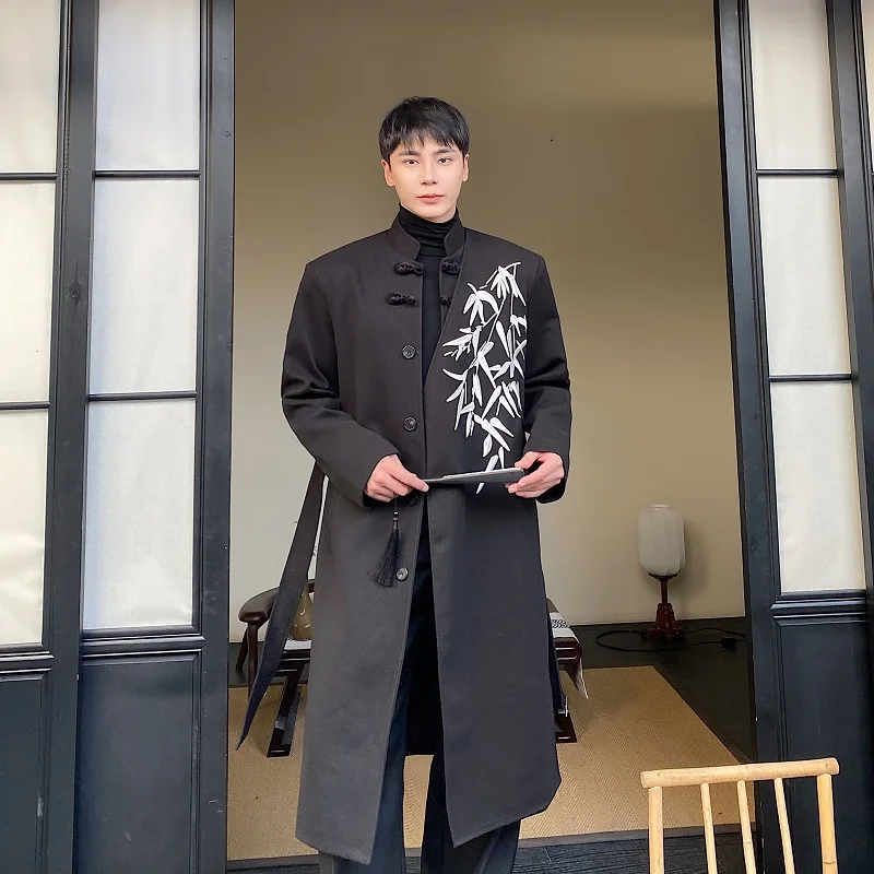 

Thiened Woolen Coat for Men with Embroidery Double Button Design Traditional Chinese Sle Long Stand Collar Button up Jaet