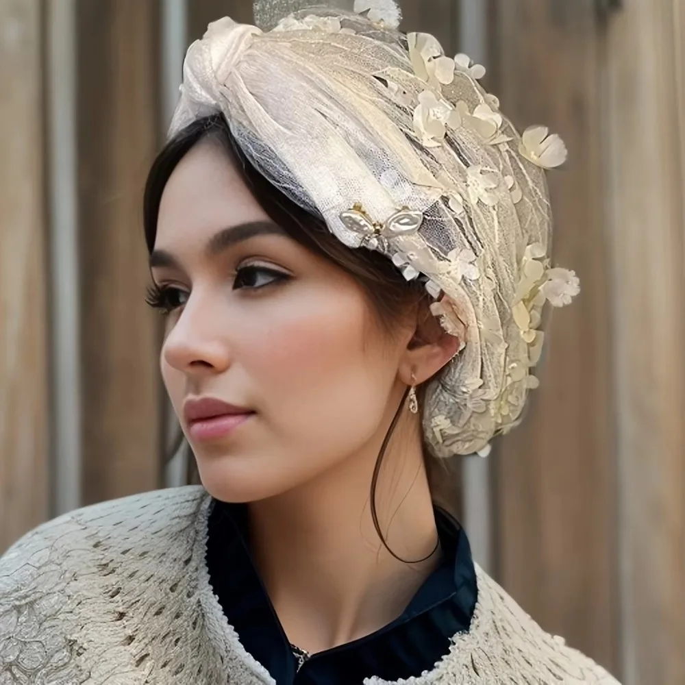 New Lace Flower Bonnet Hat Full Coverage Breathable Headscarf Hat Soft Wrinkled Cover White Hair Indian Hat Women's Accessory