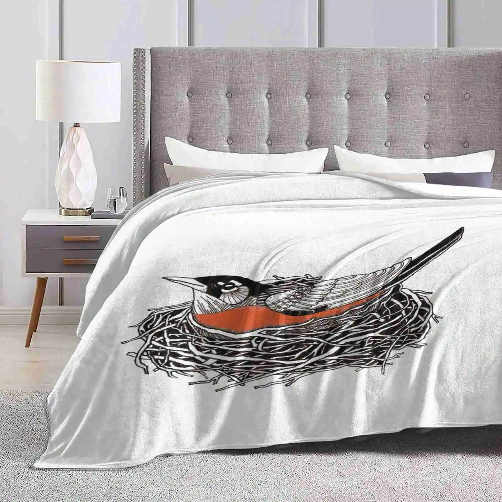 Robin Redbreast In Her Nest Illustration All Sizes Soft Cover Blanket Home Decor Bedding Robin Feather Birds Nest