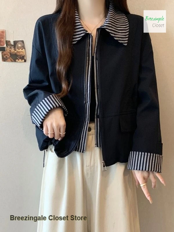 Korean fake two-piece shoulder long-sleeved jacket women's spring and autumn clothes plus size retro loose casual short jacket