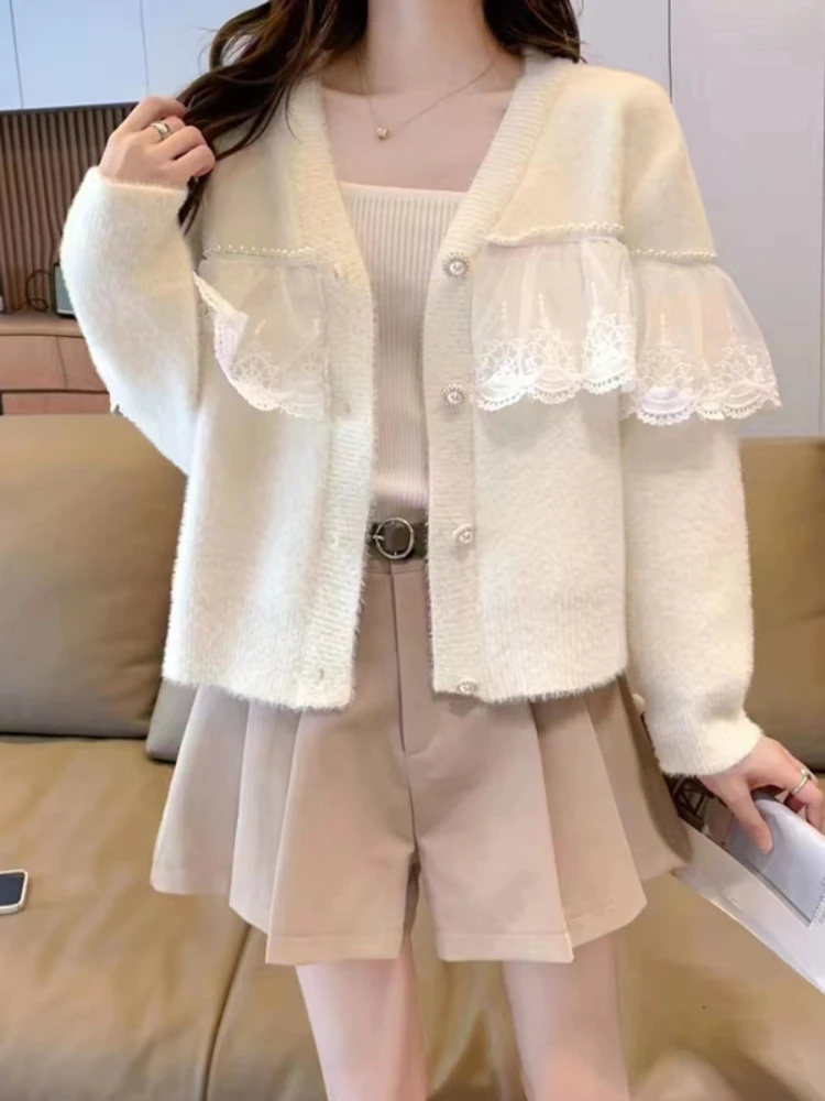Temperament Cardigan Jacket Women Clothes Patchwork Lace Sueter Mujer Fashion Sweet Beading V-neck Knitwear Sweater Pull Femme