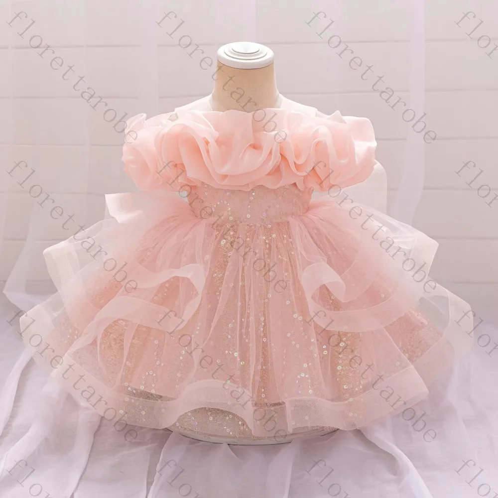 Customized Pink Flower Girl Dress A Line Short Off Shoulder Ruffle Sleeve Sequin Tulle Layered Wedding Kids Party Princess Gown