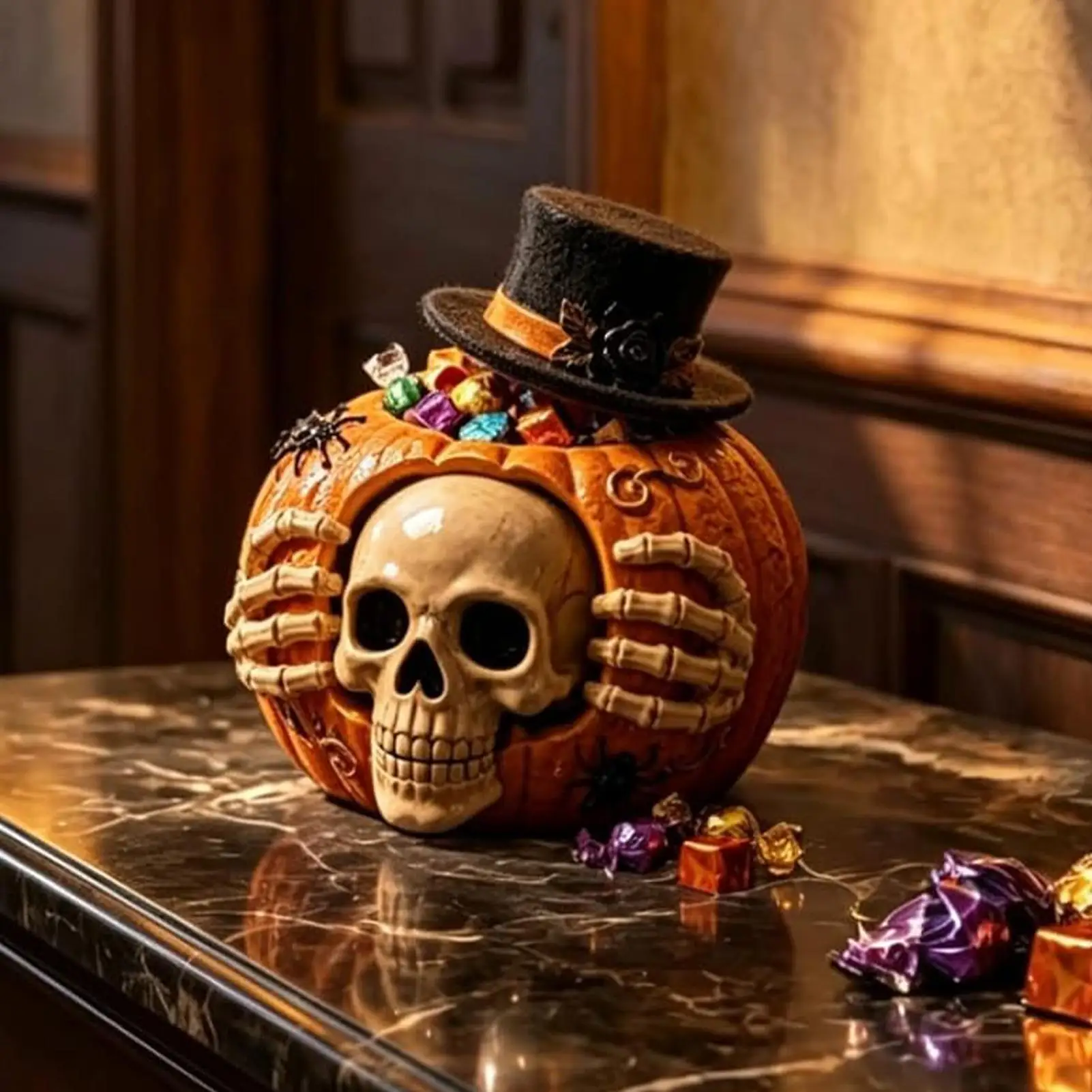 Skeleton Pumpkin Candy Jar Skull Pumpkin Dining Table Decoration Resin Gothic Skeleton Pumpkin Bowl Halloween Cookie Jar view 2