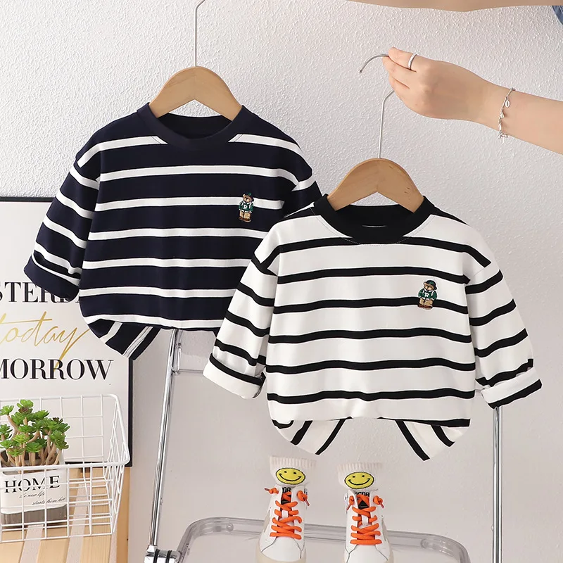 

Long Sleeve Little Bear T-shirt 2023 Spring Autumn New Design Striped Tops Boys Child Casual Sports Fashion Bottoming Shirt