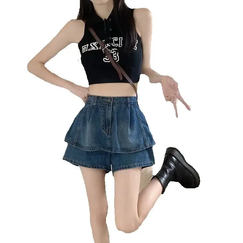 Ruffled High-Waist Denim Skirt Women 2025 Summer New Niche Design Hot Girl Retro Pleated A-Line Skirt Pants