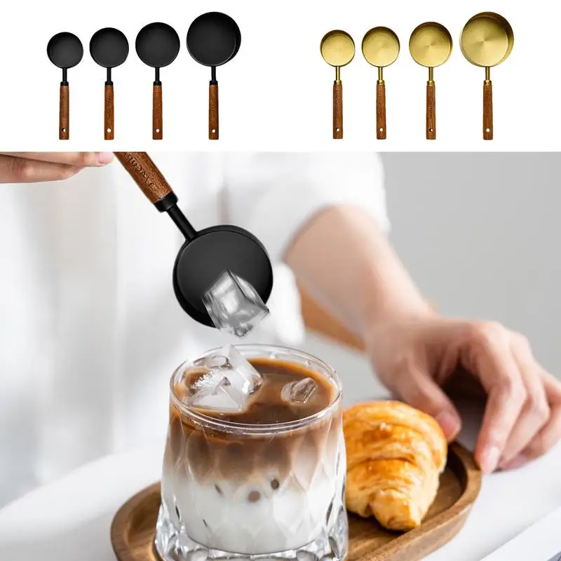 Stainless Steel Measuring Cups Kitchen Measuring Cups With Solid Wood Handle & Double Scale Unit Stackable Tablespoons Measuring