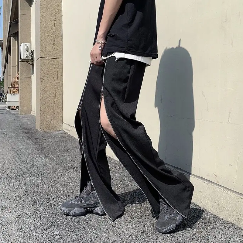 Zipper Split Straight Men Y2K Pants Chic Vibe Ins Trouser Male Party Night Club Streetwear Wide Leg Gothic Hippie Hip Hop Pants