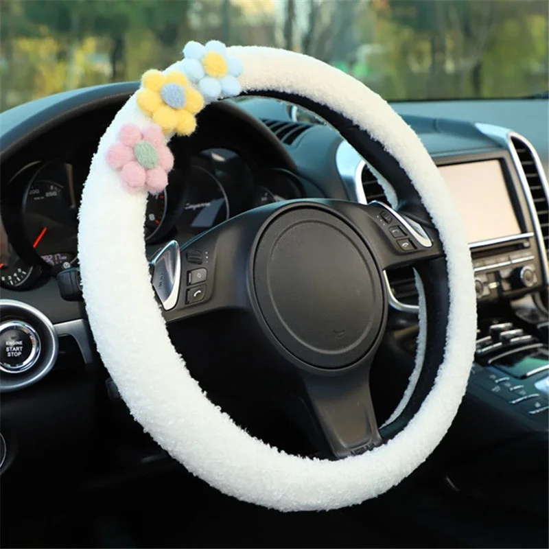 

Three flowers car steering wheel cover winter thickened warm plush flowers car with non-slip handle cover universal