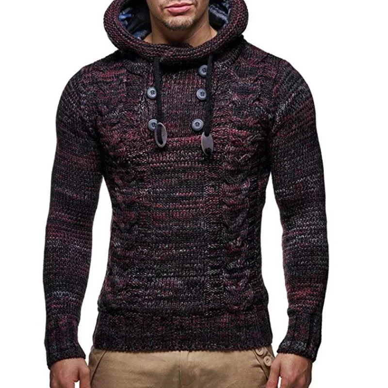 2023 European and American Men\'s Knitted Outerwear Autumn and Winter Oversized High Neck Hooded Sweater