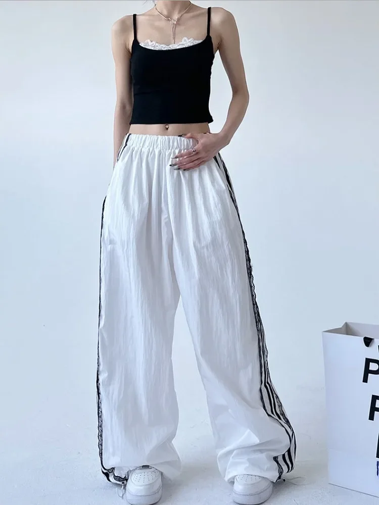 HOUZHOU Y2k Vintage Baggy Striped Sweatpants Woman Oversized Korean Fashion Harajuku Laces Pants Streetwear Gyaru 2000s Trousers