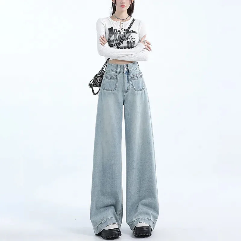 

New Genuine Retro Wide-leg Jeans, Womens Spring Autumn Plate-size Jeans, Female High-waisted Floor-length Straight-leg Jeans 4XL