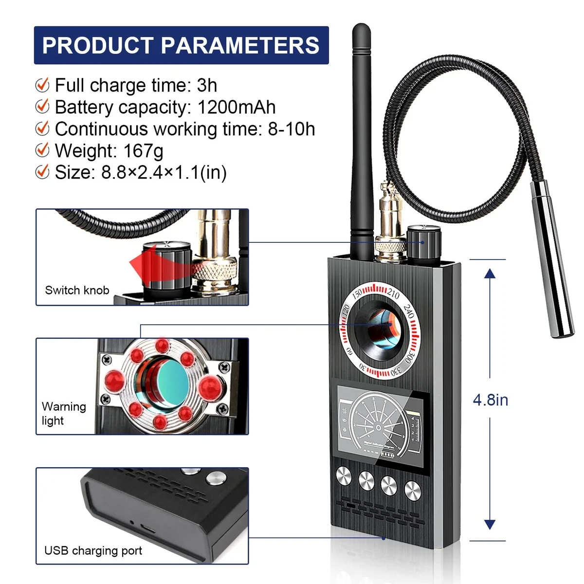 RF/TAG-Signaldetektor, LCD-Display für Echtzeit-Signalstärke im Büro/Geschäft, Anti-Spionage-Gadgets, versteckter Kamera-Finder