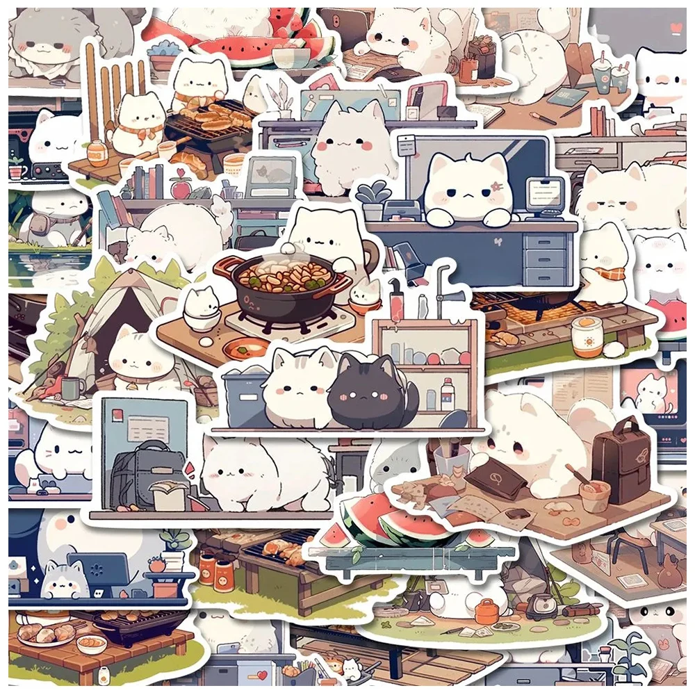 10/30/54PCS Kawaii Animal Cats Kitty Stickers Aesthetic Cartoon Decoration Decals Stationery Laptop Waterproof Cute Kids Sticker