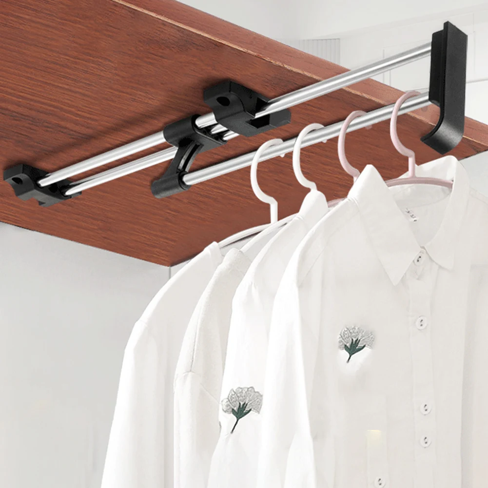 Movable Crossbar Clothes Hanger Wardrobe Rail Closets Rod Cold Rolled Steel Hanging Clothes Plastic Retractable