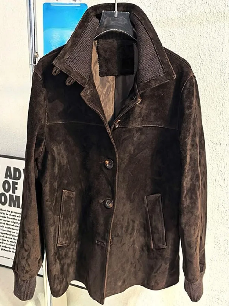 แจ็คเก็ตหนังแกะแท้สีพื้นสไตล์ลำลองสำหรับผู้หญิง ปกเสื้อแบบปกเชิ้ต ทรงหลวม มีกระเป๋า ติดกระดุมแถวเดียว แขนยาว เสื้อคลุม