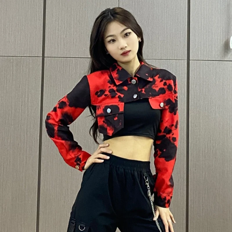 

Girls Group Hip Hop Jazz Dance Performance Costumes Tie Dyed Long Sleeve Ultra Short Tops Cargo Pants Women Gogo Stage Wear