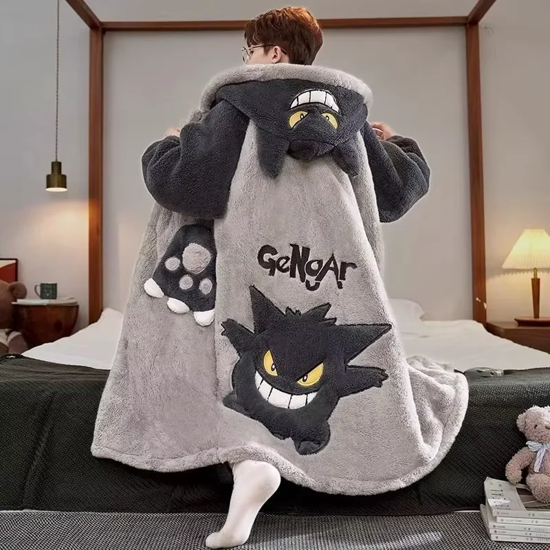 Gengar منامة دعوى أنيمي بوكيمون الشتاء المرجان الصوف ثوب النوم حجم كبير من سميكة الدافئة الكرتون الرجال مقنعين المنزل دعوى مجموعة #3
