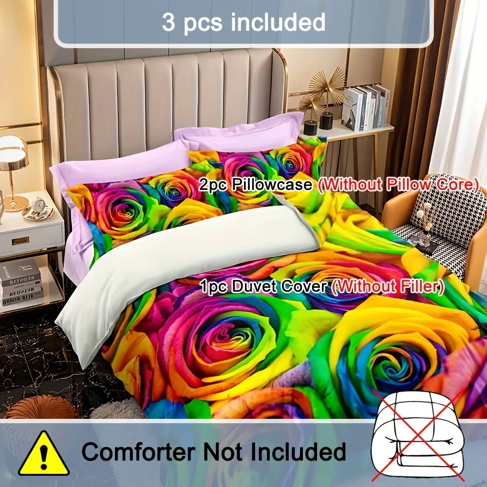 3pcs Rainbow Rose Floral Bedding Set, Tie Dye Flower Bedroom Decor Duvet Cover Set, No Filler