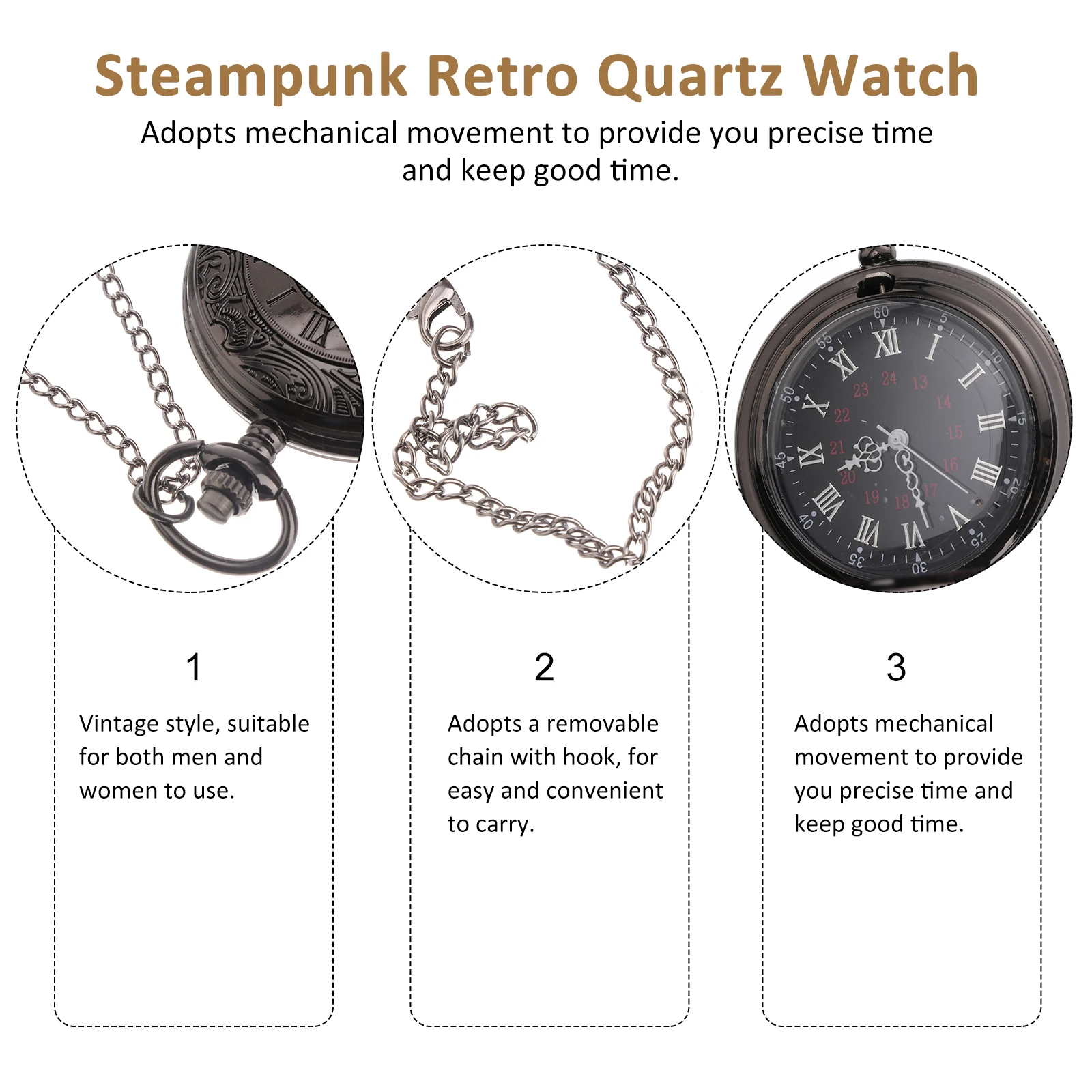 

Retro Pocket Watch Roman Numerals Round Steampunk Quartz Unisex Fashion Casual Mini Size 4cm Diameter Scratch