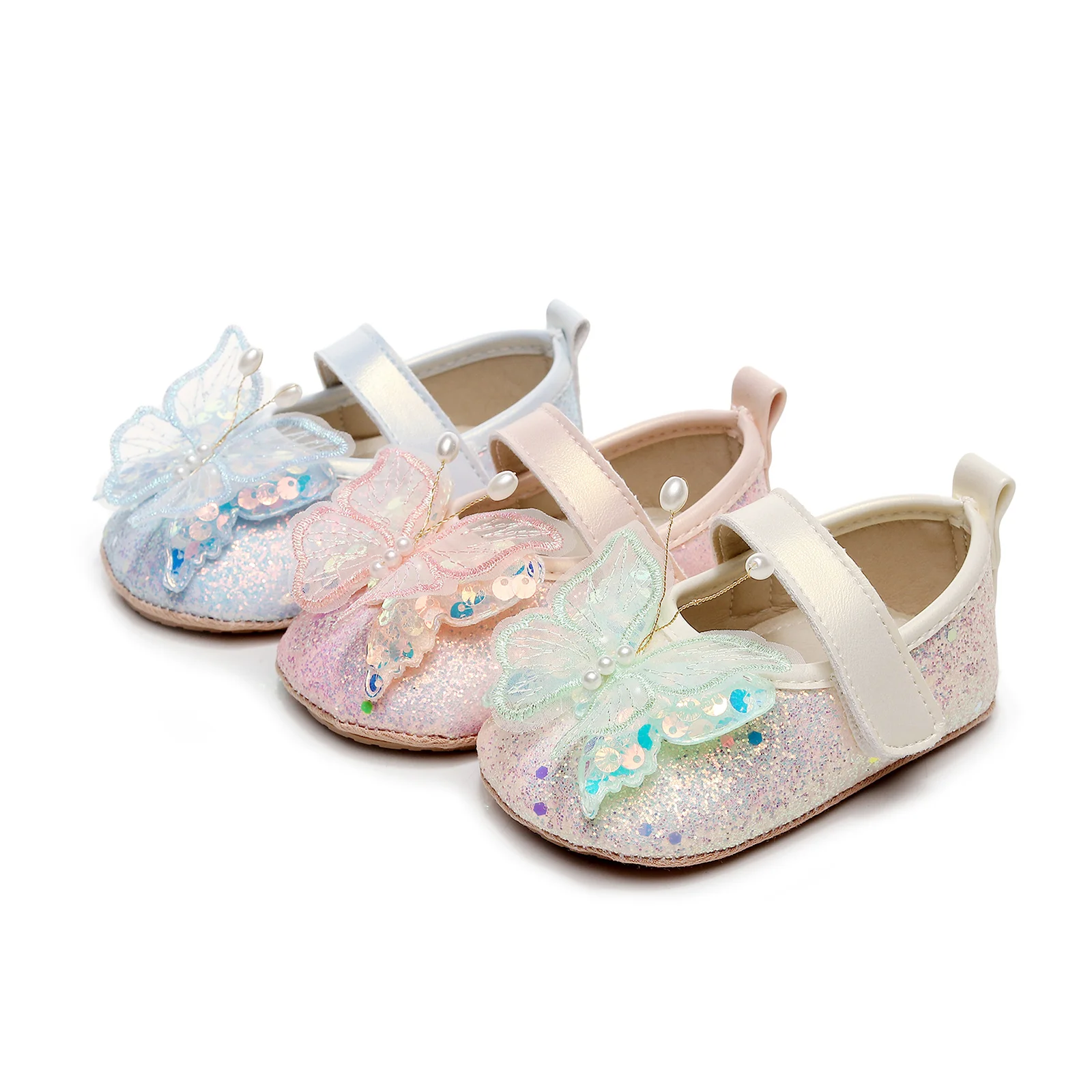 Princess Baby Girl Mary Jane Flats Cute Shiny 3D Butterfly Dress Shoes Newborn Prewalkers Flats Non-Slip Crib Shoes First Walker