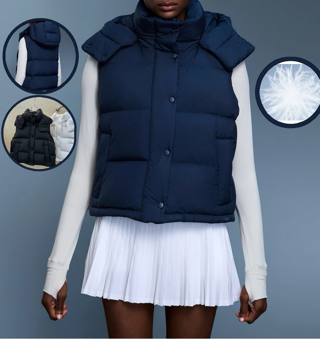 Dames kort lichtgewicht donsvest met capuchon, winddicht, waterdicht, witte eendendons geïsoleerd puffergilet, buitensportjack