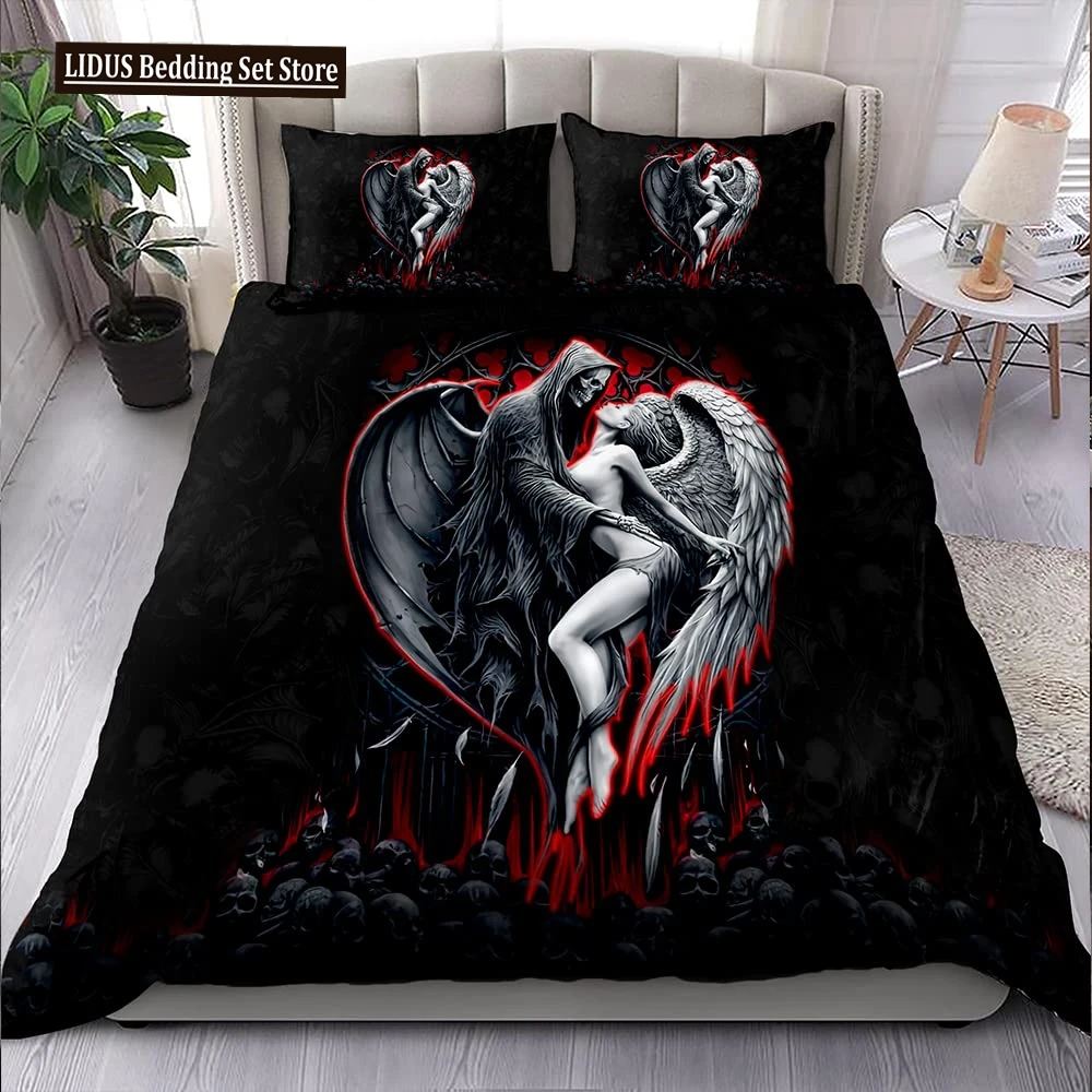 

Skull And Beauty Duvet Cover Set Full Size Gothic Sugar Skull Angels And Demons Bedding Set With Pillowcase Twin Double Bed Sets