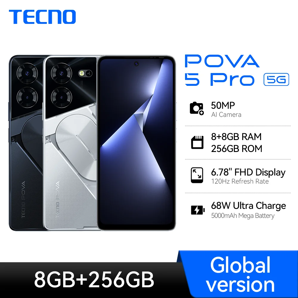 Global Version TECNO Pova 5 Pro 5G SmartPhone 16GB(8+8)/256GB 6.78'' FHD+ 120HZ Screen 50Mp Camera 5000mAh 68W Ultra Charge