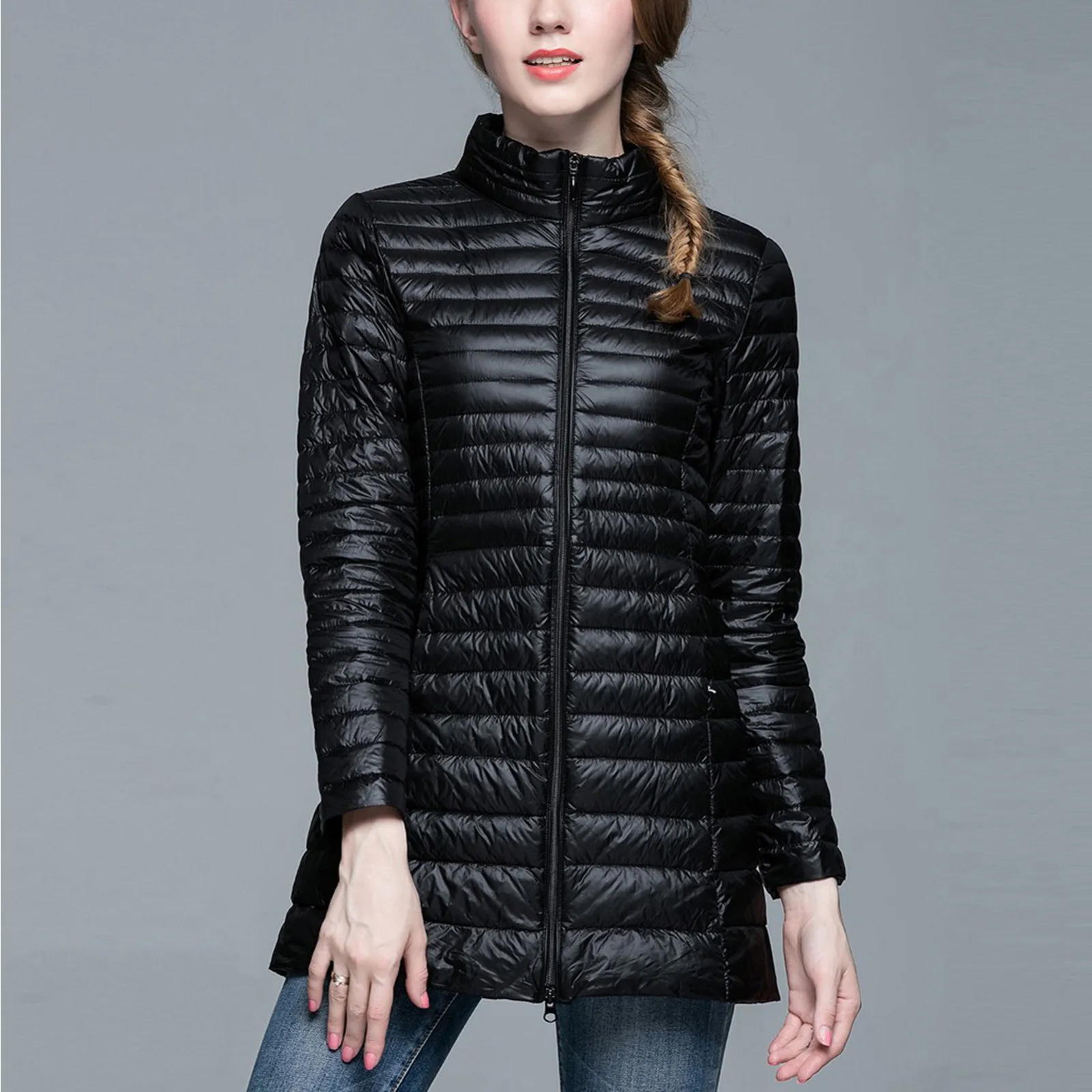 Lady New Puffer Jackets Extra Thin Plus Size Coats Solid Color Stand Collar Long Coat Casual Female Long Sleeve Down Coats 2024