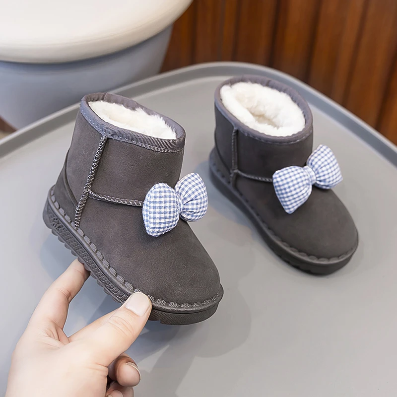 Winter Girl's Snow Boots Appliques Mid-calf Plush Kids Booties Fashion Adorable Flexiable Platform Children Short Boot 23-36