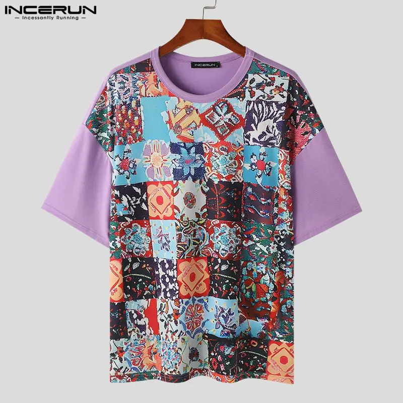 INCERUN Men T Shirt Printing Patchwork O-neck Short Sleeve Loose Men Clothing Streetwear Summer 2024 Fashion Casual Tee Tops image 2