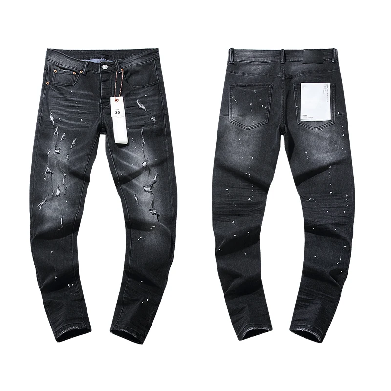 

European American Fashion Brands Splash-ink Denim Jeans High Street Hip Hop Hole Design Men's Clothing Purples Jeans