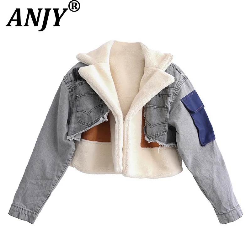 

ANJY Autumn Winter New Women Fashion Fleece-Lined Denim Patchwork Short Padded Coat Thickened Warm Tide Motorcycle Jacket A14996