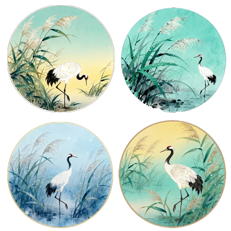 Three Ratels CFN29 crane among the reeds in the morning Elegant Art Wall stickers for home decoration