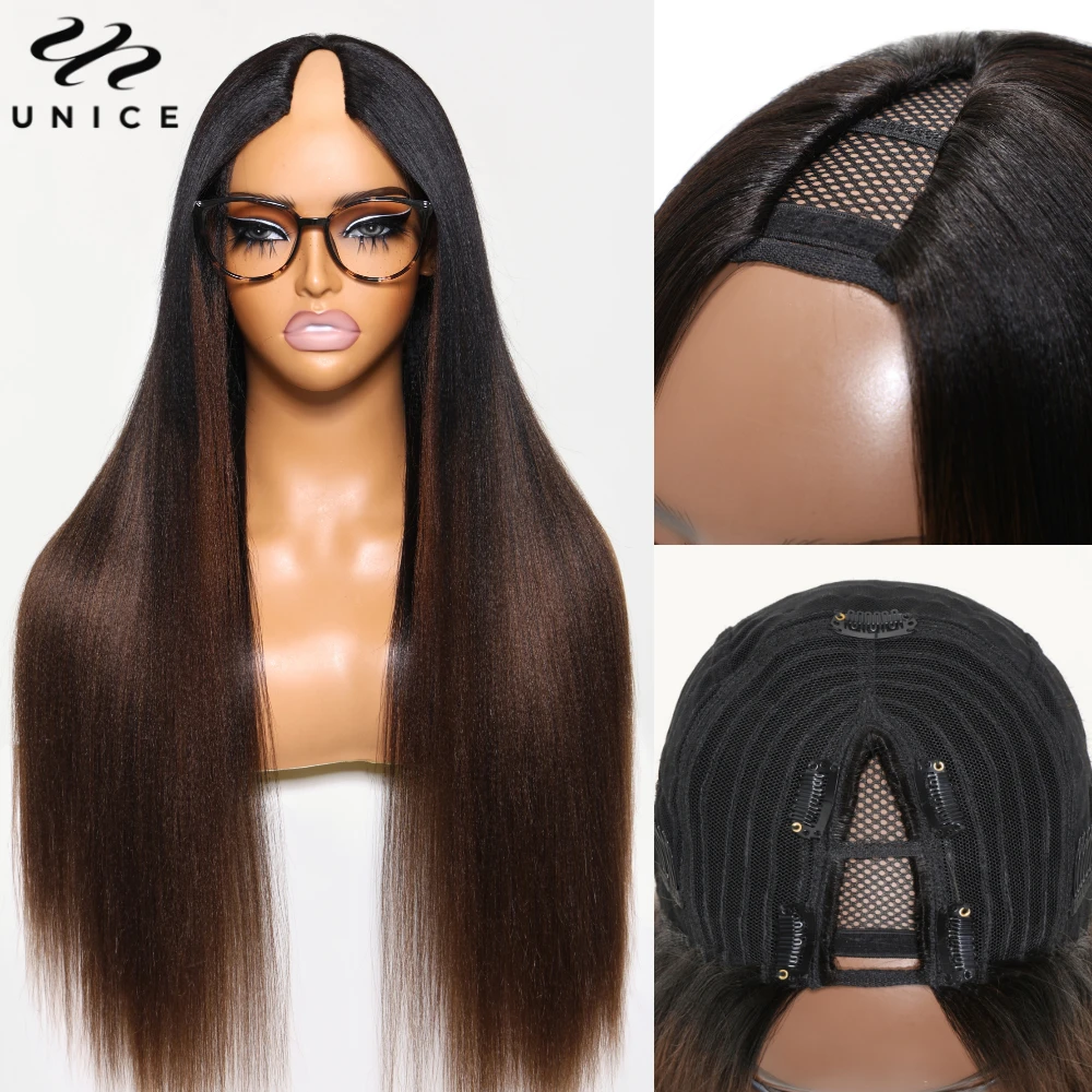 Unice Hair EasiContour Yaki Straight V Part Wig 100% Human Hair Clip In Half Wig No Glue Mini Leave Out Wig Read To Wear Go