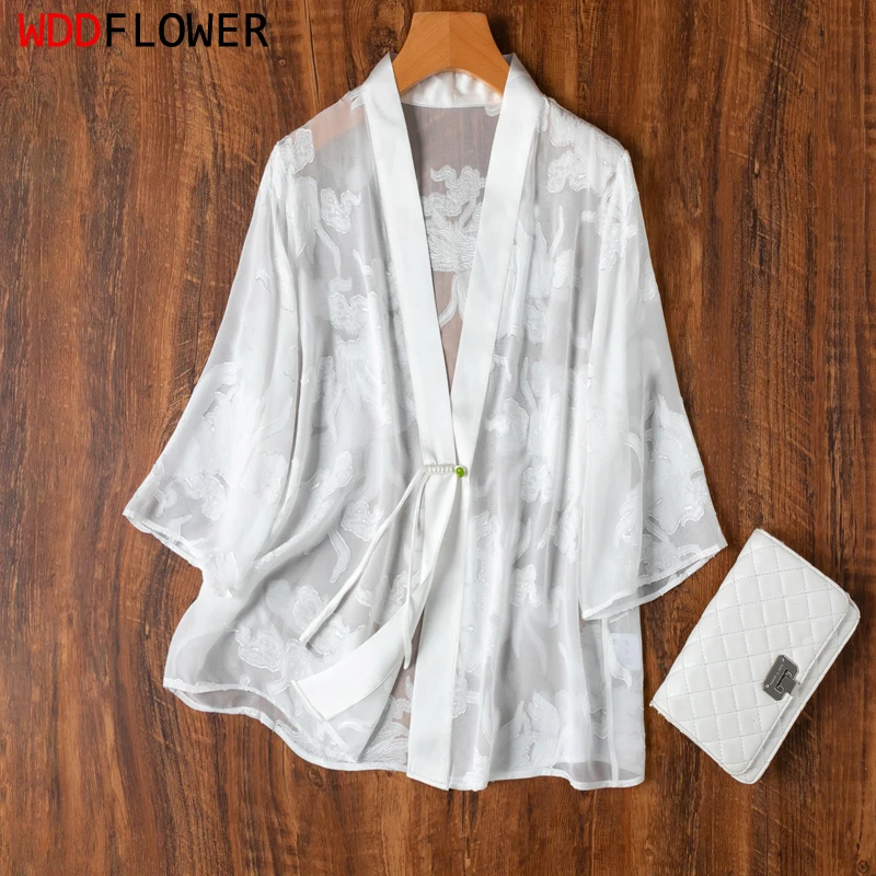 

Women Silk Cardigan 100% Mulberry Silk White Transparent Sunscreen Kimono Coat Shawl Blouse Top Shirt Summer Beach Cover M1188