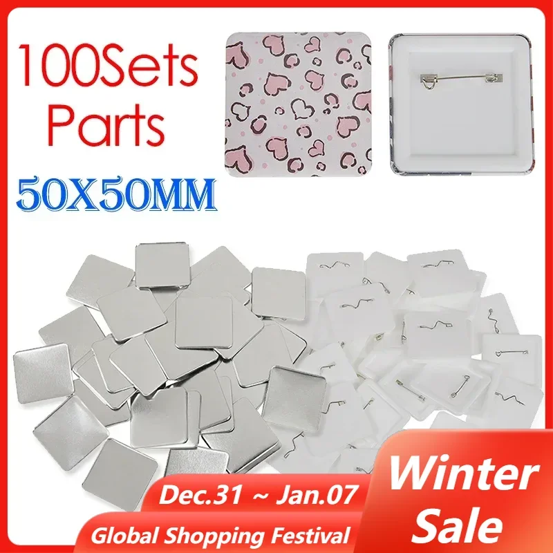 100Set Square Badge Making Parts 50x50mm for Square Button Maker DIY Making Badge Pins Metal Cover + Plastic Base Consumables